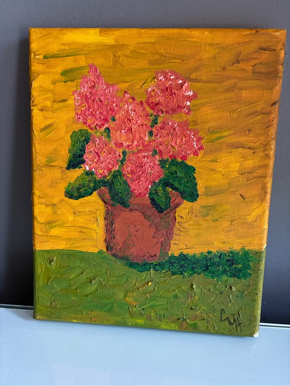 Original Oil Painting Geraniums In TerraCotta Pot 8 x 10” Canvas